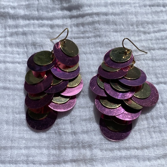 Purple Gold sequin paillette chandelier earrings‎ dangle 3 inch long lightweight - Picture 1 of 8